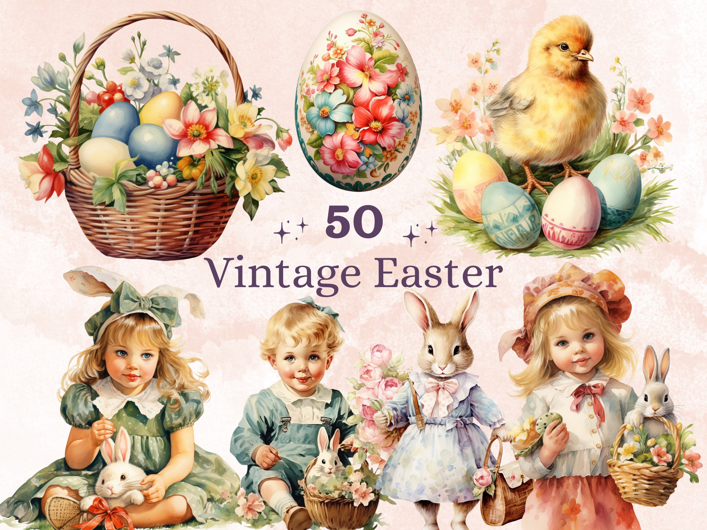 50 PNG Watercolor Vintage Easter Bundle Clipart, Retro Easter Egg Illustrations Clip art,  Easter Bunny Sublimation, Floral Spring Ephemera