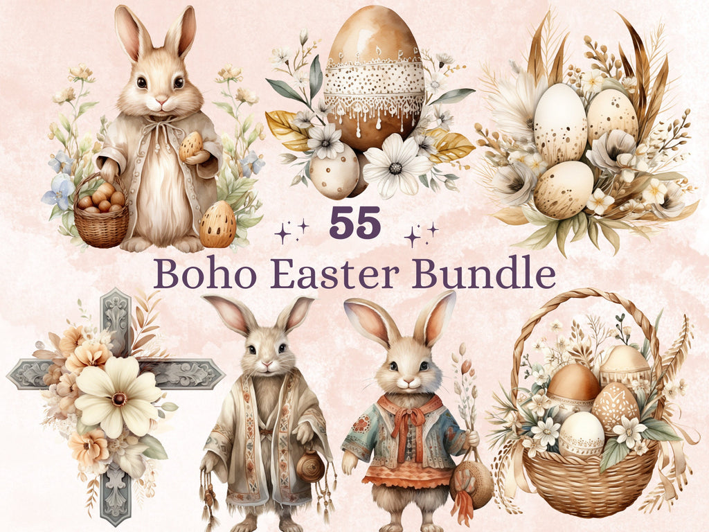 55 PNG Watercolor Boho Easter Bundle Clipart, Bohemian Easter Egg Illustrations Clip art,  Easter Bunny Sublimation, Country Spring Ephemera