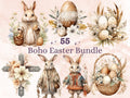 55 PNG Watercolor Boho Easter Bundle Clipart, Bohemian Easter Egg Illustrations Clip art,  Easter Bunny Sublimation, Country Spring Ephemera