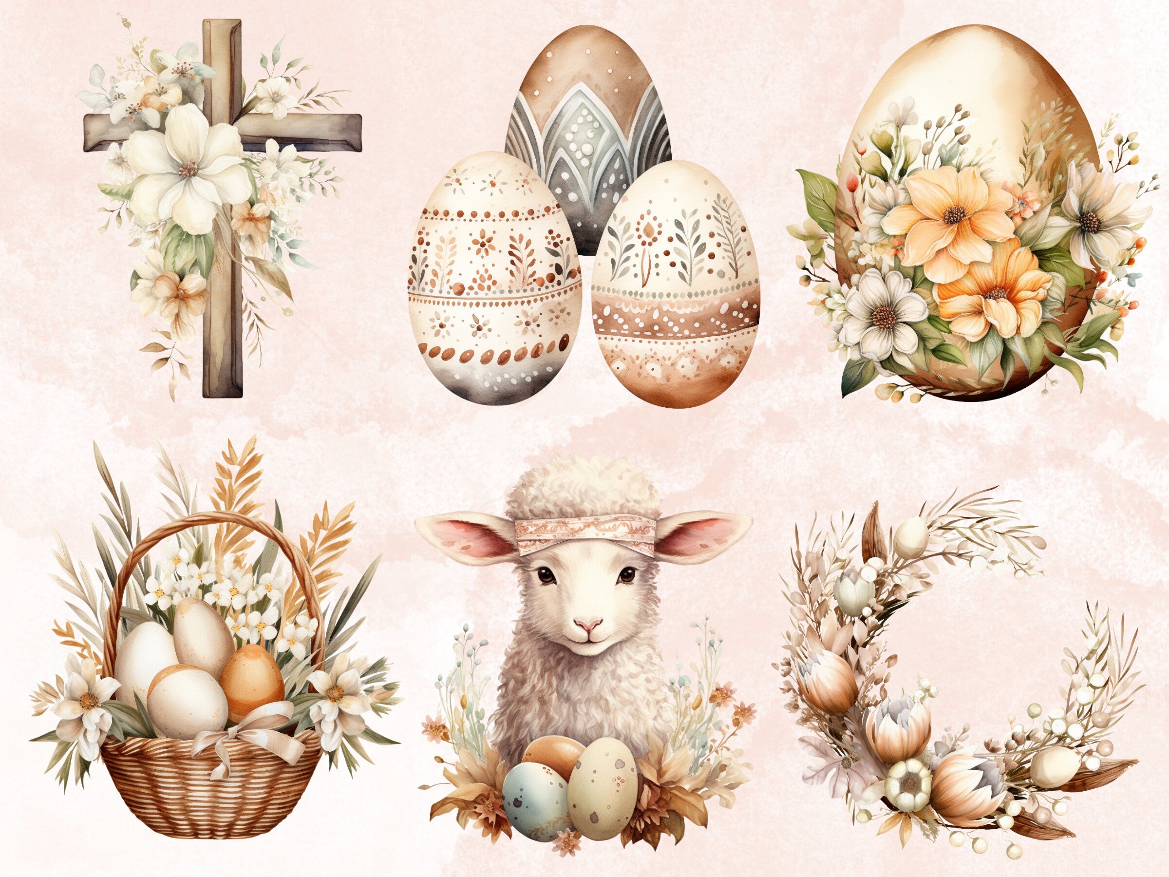 55 PNG Watercolor Boho Easter Bundle Clipart, Bohemian Easter Egg Illustrations Clip art,  Easter Bunny Sublimation, Country Spring Ephemera