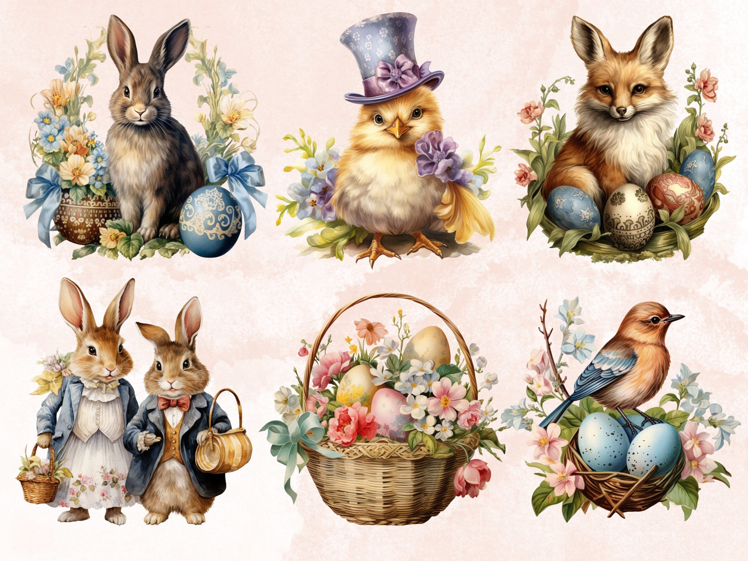 65 PNG Watercolor Victorian Easter Bundle Clipart, Vintage Easter Egg Illustrations Clip art,  Easter Bunny Sublimation, Victorian Ephemera