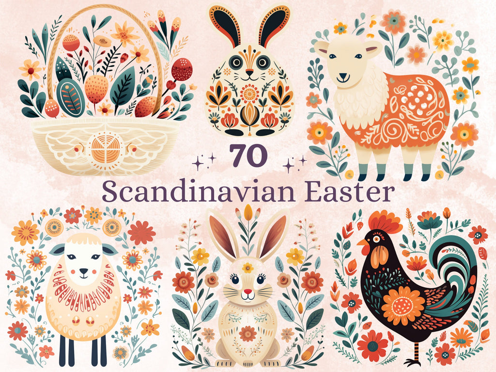 70 PNG Watercolor Easter Folk Art Clipart, Scandinavian Easter Egg Illustrations Clip art, Easter Bunny Sublimation, Nordic Spring Ephemera