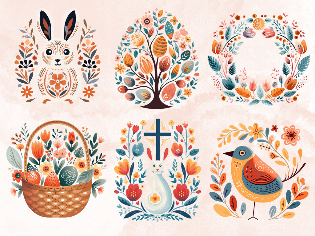 70 PNG Watercolor Easter Folk Art Clipart, Scandinavian Easter Egg Illustrations Clip art, Easter Bunny Sublimation, Nordic Spring Ephemera