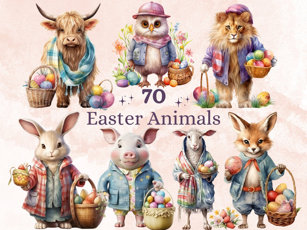 70 PNG Watercolor Easter Animals Clipart, Easter Chick Illustrations Clip art, Easter Bunny Sublimation, Spring Floral Highland Cow PNG