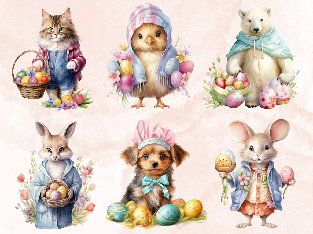 70 PNG Watercolor Easter Animals Clipart, Easter Chick Illustrations Clip art, Easter Bunny Sublimation, Spring Floral Highland Cow PNG
