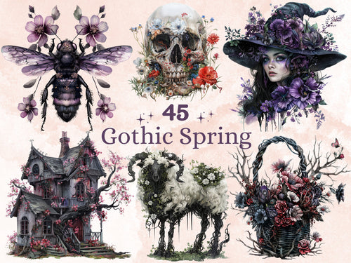 45 PNG Watercolor Gothic Spring Clipart, Creepy Spring Illustrations Clip art, Horror Spooky Ephemera png, Dark Fantasy Floral Sublimation