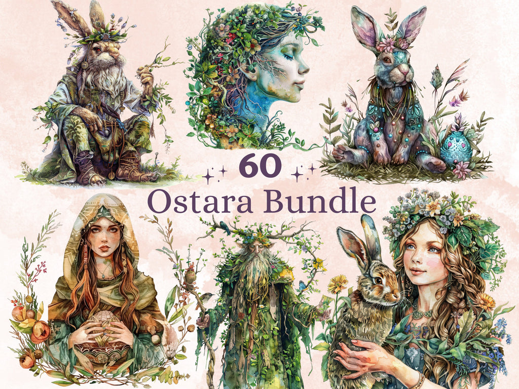 60 PNG Watercolor Ostara Clipart, Floral Spring Equinox Art Illustrations Clip art, Wheel of the Year png, Pagan Ostara Goddess Sublimation