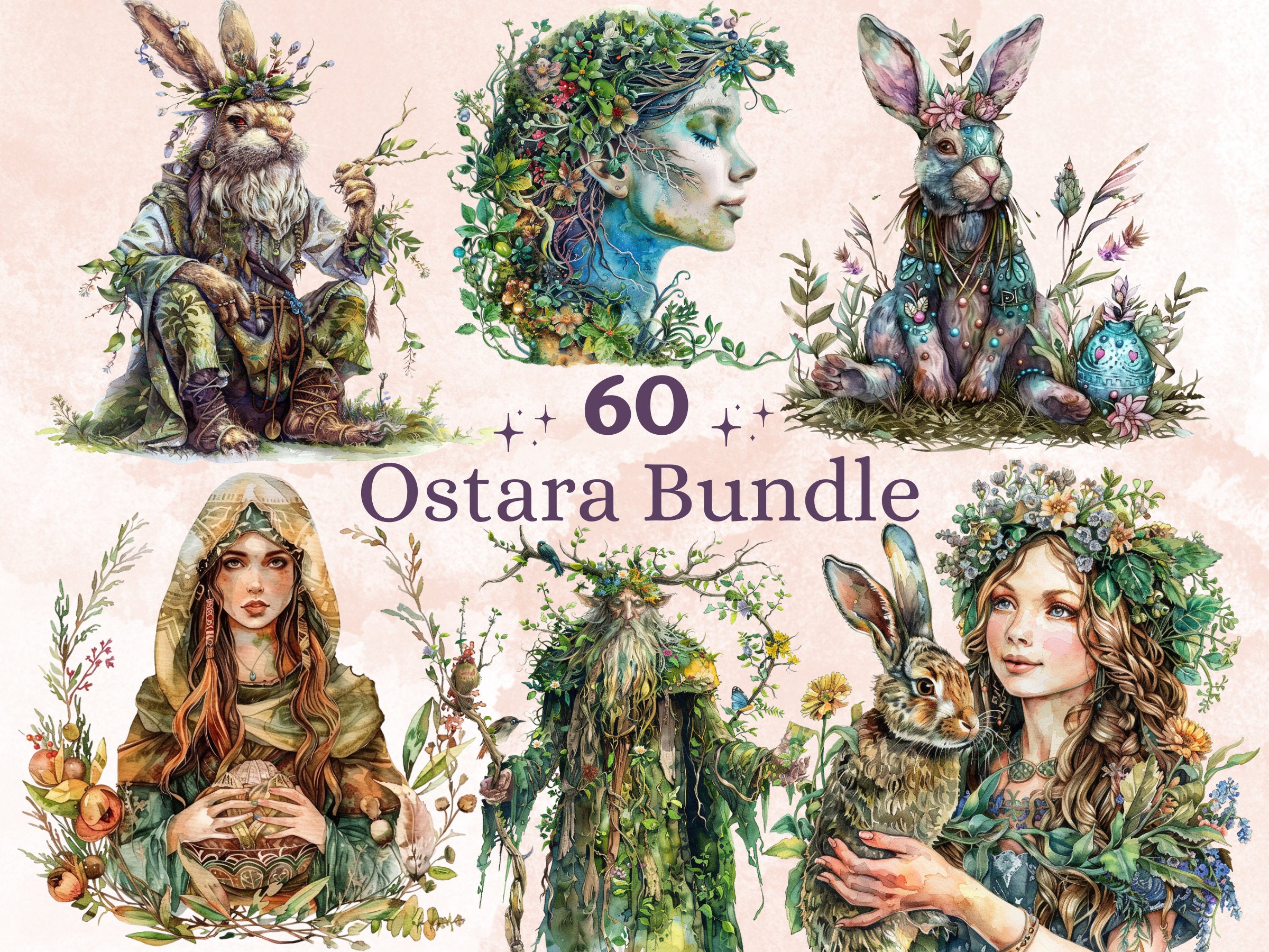 60 PNG Watercolor Ostara Clipart, Floral Spring Equinox Art Illustrations Clip art, Wheel of the Year png, Pagan Ostara Goddess Sublimation