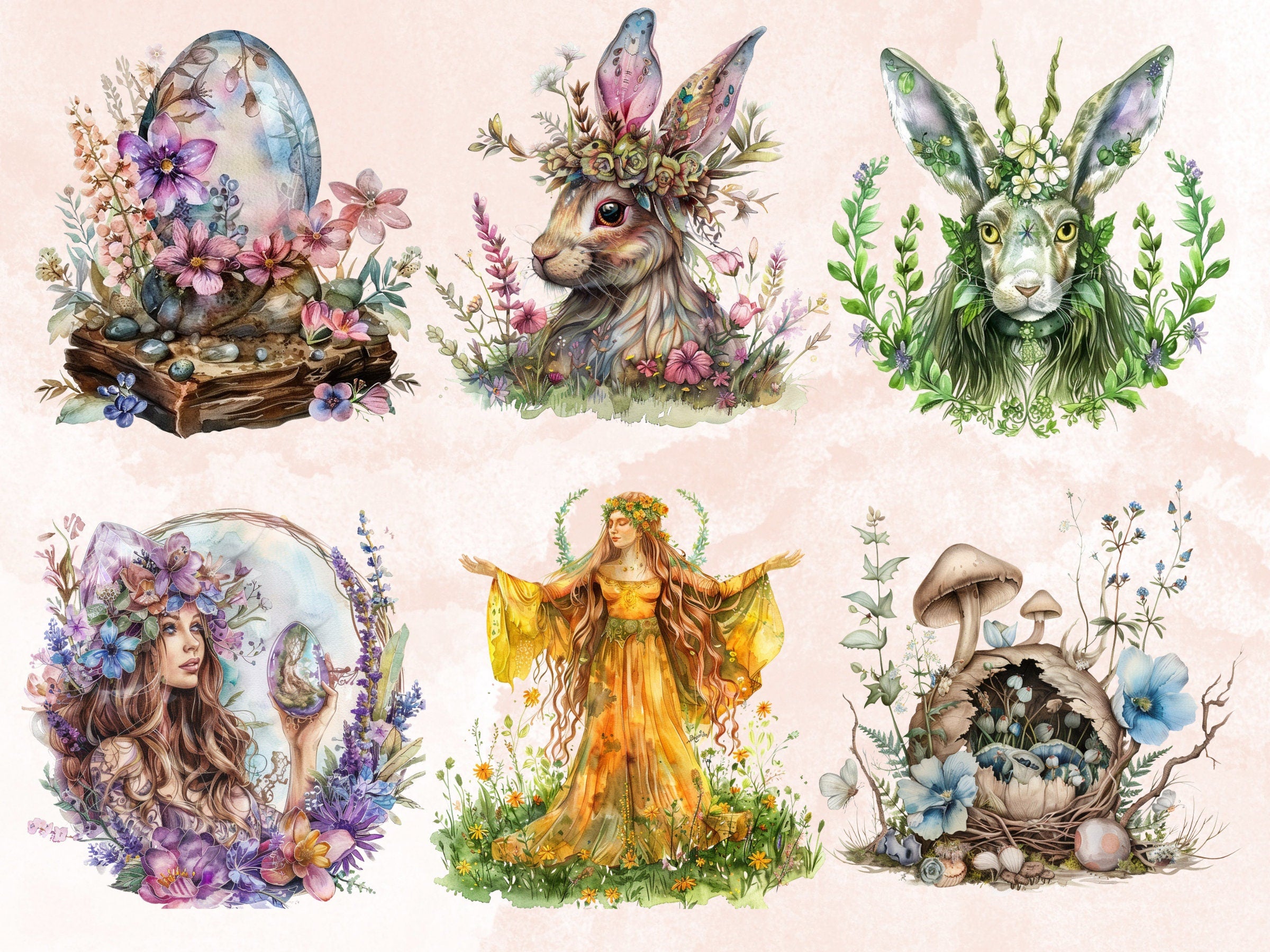 60 PNG Watercolor Ostara Clipart, Floral Spring Equinox Art Illustrations Clip art, Wheel of the Year png, Pagan Ostara Goddess Sublimation