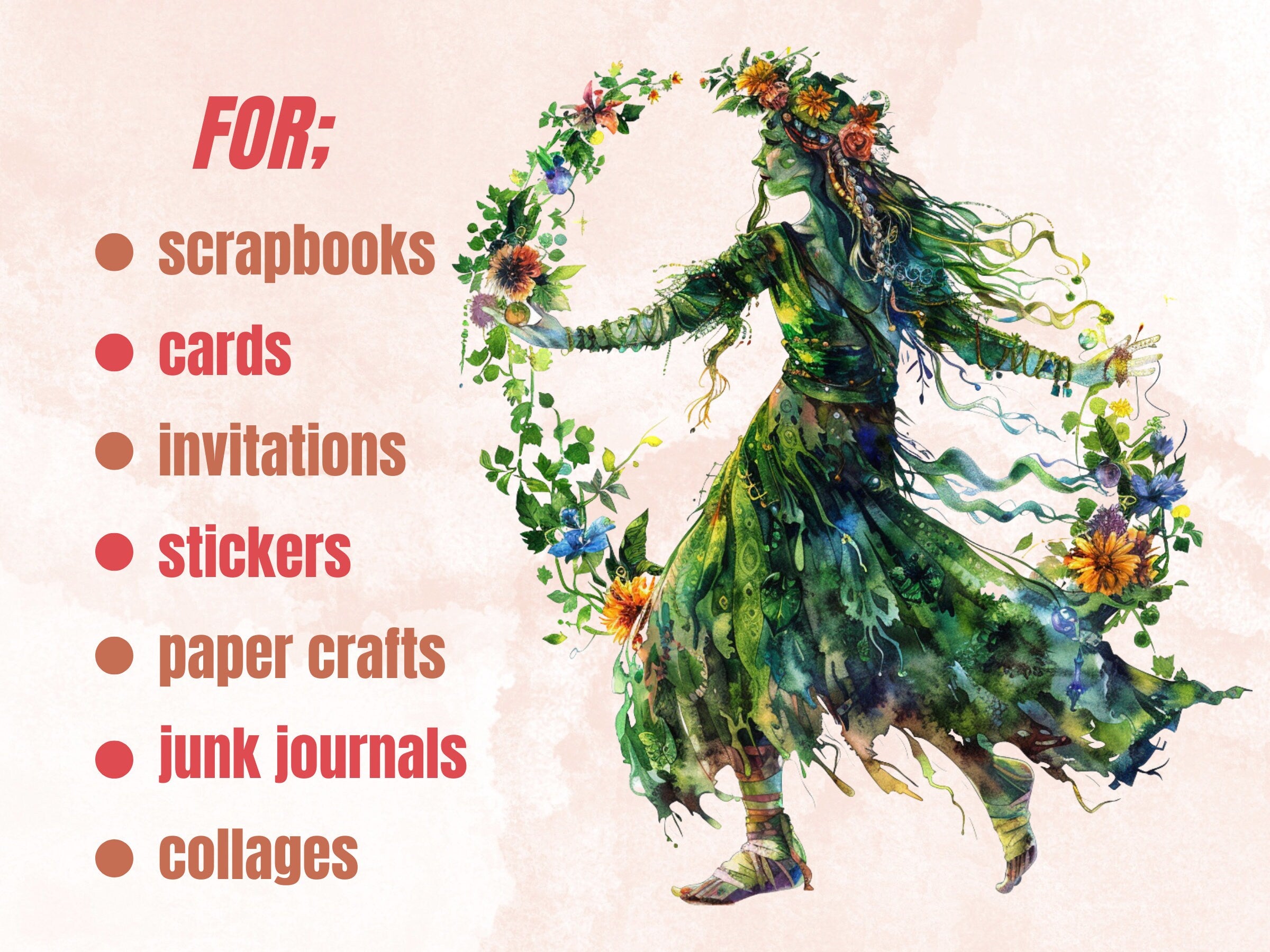60 PNG Watercolor Beltane Clipart, Floral Pagan Wiccan Art Illustrations Clip art, Neopagan Witch Wicca png, Beltane Goddess Sublimation