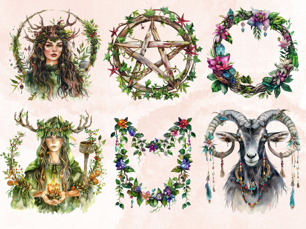 60 PNG Watercolor Beltane Clipart, Floral Pagan Wiccan Art Illustrations Clip art, Neopagan Witch Wicca png, Beltane Goddess Sublimation