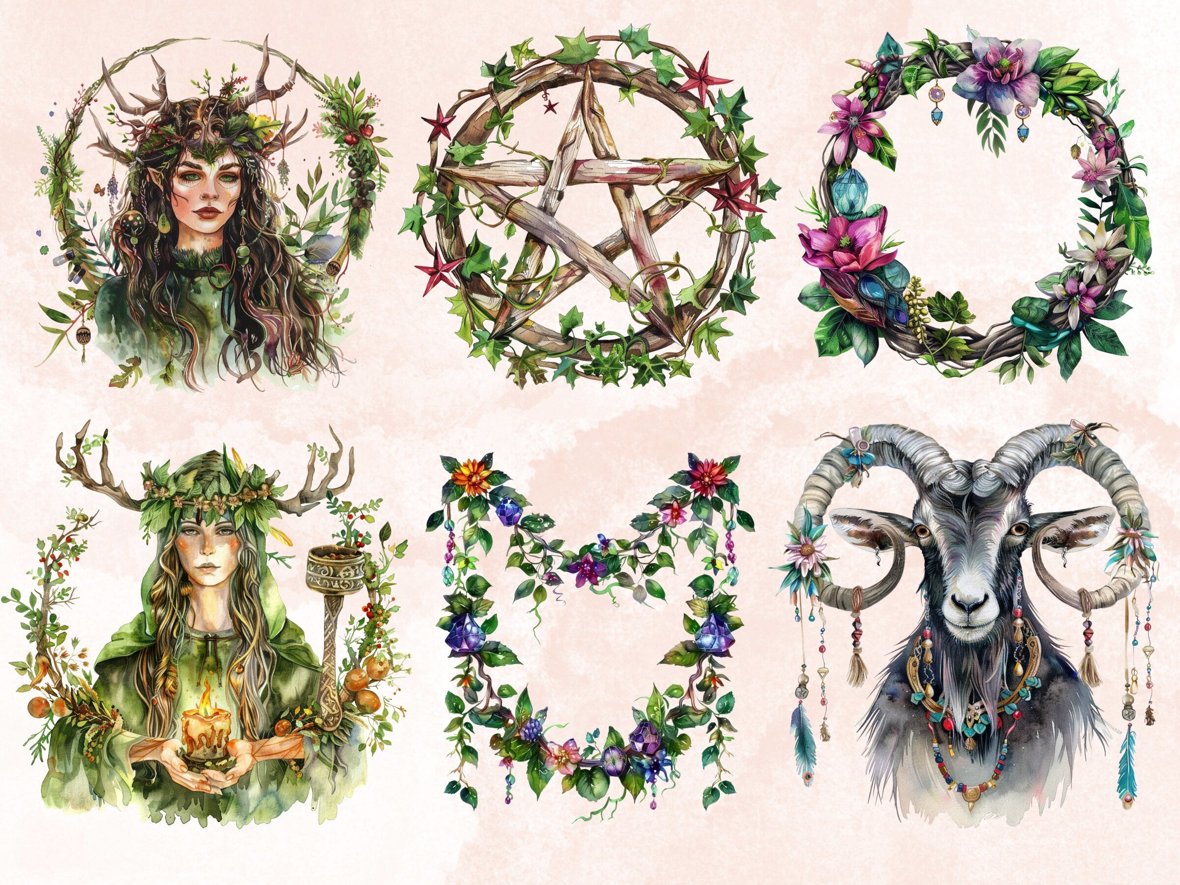 60 PNG Watercolor Beltane Clipart, Floral Pagan Wiccan Art Illustrations Clip art, Neopagan Witch Wicca png, Beltane Goddess Sublimation