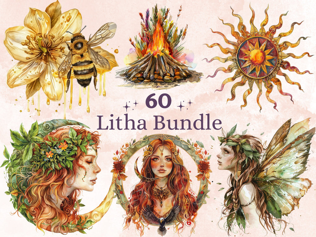 60 PNG Watercolor Litha Clipart, Floral Pagan Holiday Wiccan Art Illustrations Clip art, Summer Solstice png, Litha Sun Goddess Sublimation