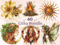 60 PNG Watercolor Litha Clipart, Floral Pagan Holiday Wiccan Art Illustrations Clip art, Summer Solstice png, Litha Sun Goddess Sublimation