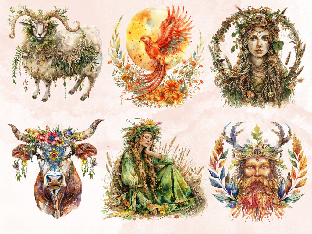 60 PNG Watercolor Lughnasadh  Clipart, Floral Pagan Wiccan Art Illustrations Clip art, Lammas Holiday Harvest png, Sun Goddess Sublimation