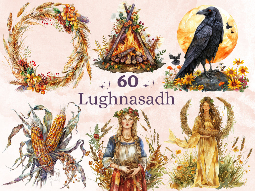 60 PNG Watercolor Lughnasadh  Clipart, Floral Pagan Wiccan Art Illustrations Clip art, Lammas Holiday Harvest png, Sun Goddess Sublimation