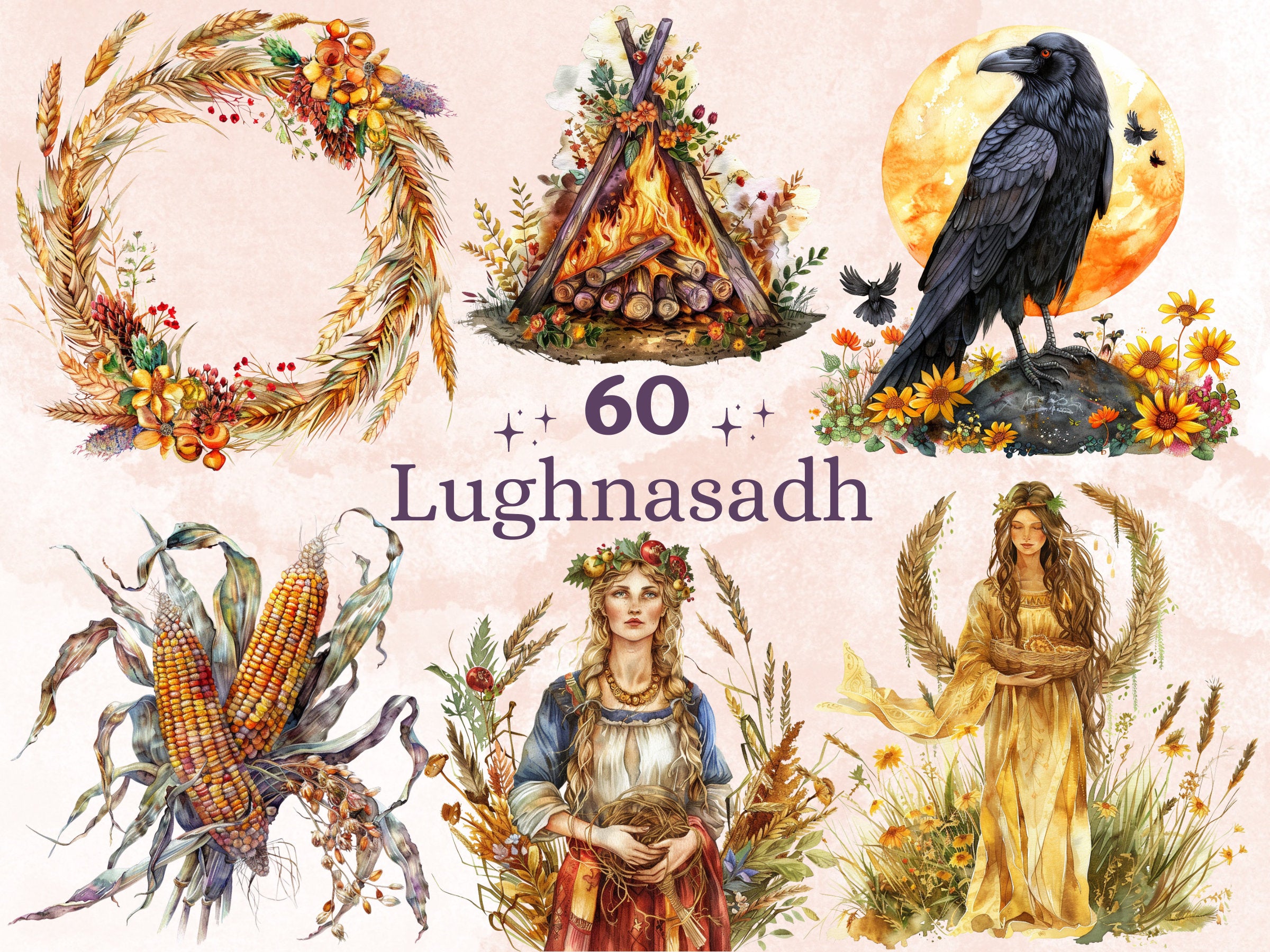 60 PNG Watercolor Lughnasadh  Clipart, Floral Pagan Wiccan Art Illustrations Clip art, Lammas Holiday Harvest png, Sun Goddess Sublimation