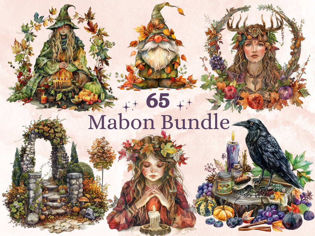 65 PNG Watercolor Mabon Clipart, Floral Pagan Holiday Wiccan Art Illustrations Clip art, Woodland Witch png, Fall Forest Goddess Sublimation