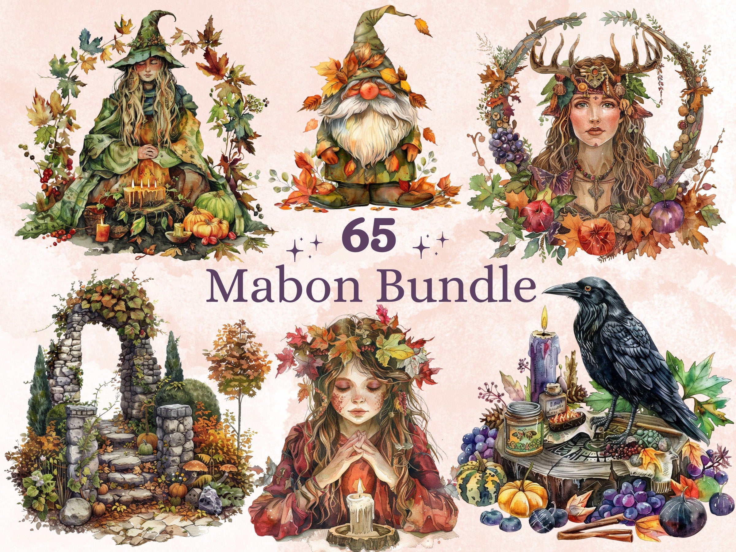 65 PNG Watercolor Mabon Clipart, Floral Pagan Holiday Wiccan Art Illustrations Clip art, Woodland Witch png, Fall Forest Goddess Sublimation