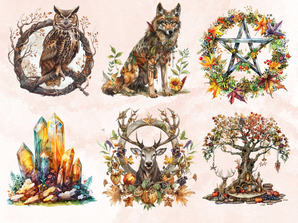 65 PNG Watercolor Mabon Clipart, Floral Pagan Holiday Wiccan Art Illustrations Clip art, Woodland Witch png, Fall Forest Goddess Sublimation