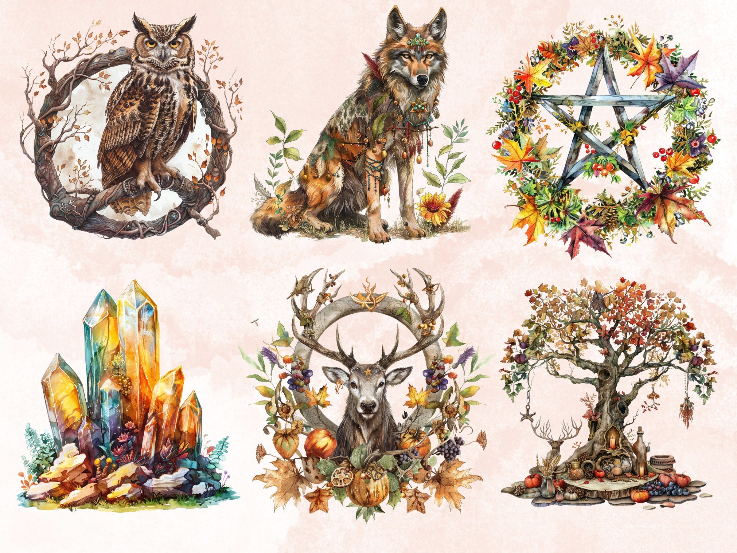 65 PNG Watercolor Mabon Clipart, Floral Pagan Holiday Wiccan Art Illustrations Clip art, Woodland Witch png, Fall Forest Goddess Sublimation