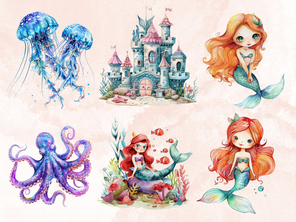80 PNG Watercolor Mermaid Nursery Clipart, Little Mermaid Baby Shower Illustration Clip art, Cute Mermaid png, Under the Sea Sublimation