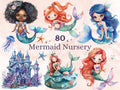 80 PNG Watercolor Mermaid Nursery Clipart, Little Mermaid Baby Shower Illustration Clip art, Cute Mermaid png, Under the Sea Sublimation
