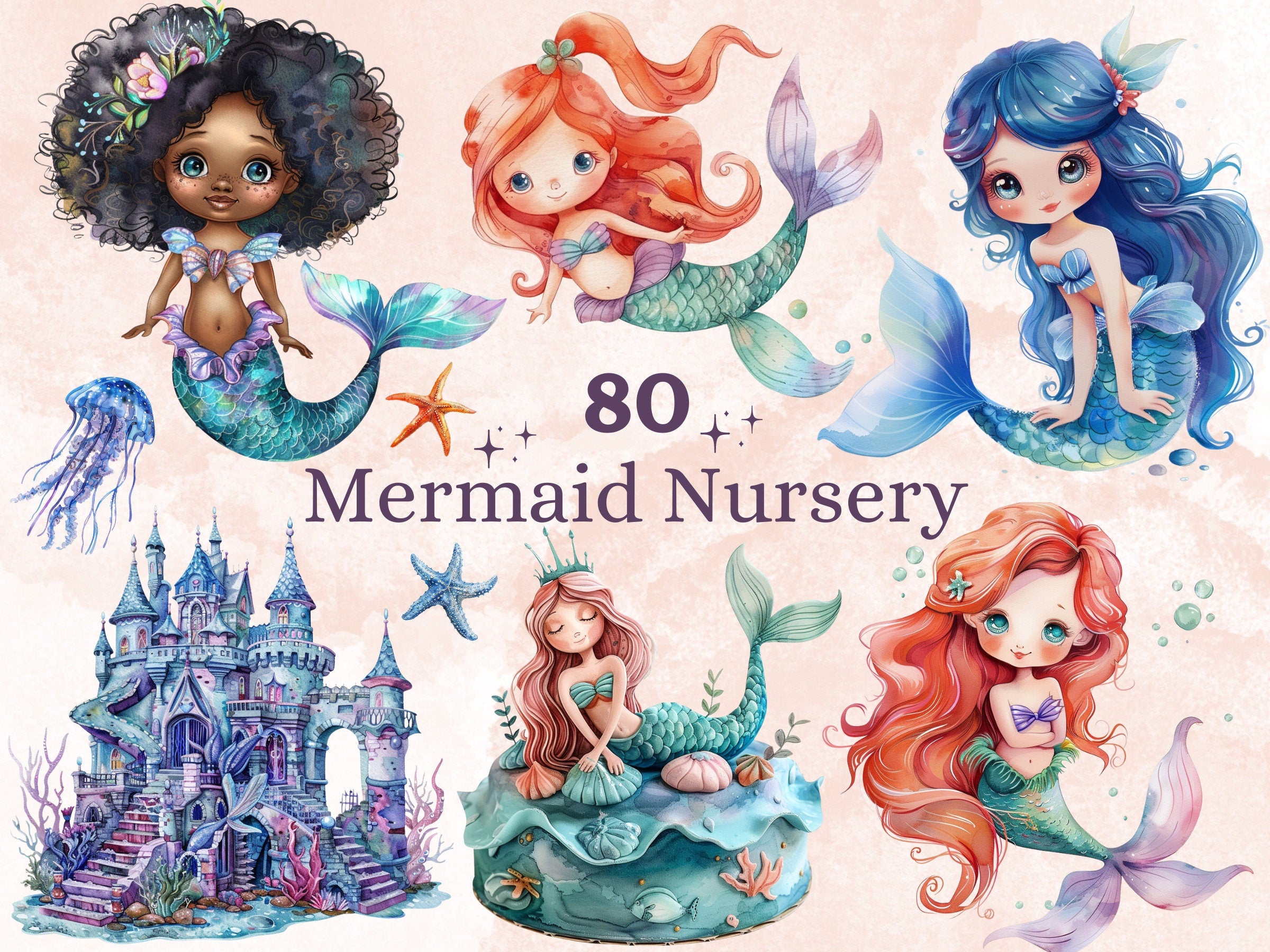 80 PNG Watercolor Mermaid Nursery Clipart, Little Mermaid Baby Shower Illustration Clip art, Cute Mermaid png, Under the Sea Sublimation