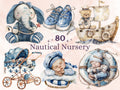 80 PNG Watercolor Nautical Nursery Clipart, Little Sailor Baby Shower Illustration Clip art, Cute Ocean png, Coastal Nautical Sublimation