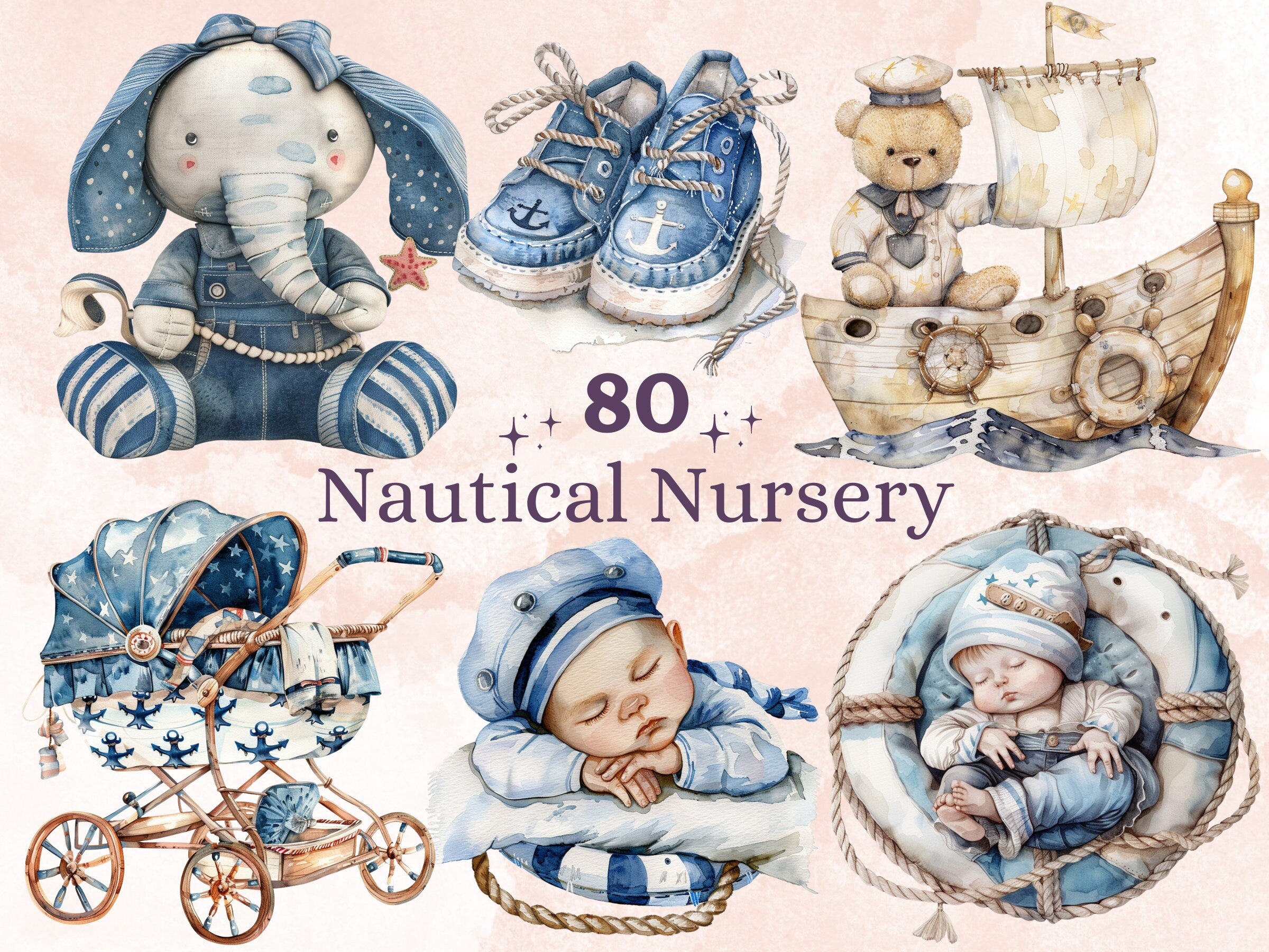 80 PNG Watercolor Nautical Nursery Clipart, Little Sailor Baby Shower Illustration Clip art, Cute Ocean png, Coastal Nautical Sublimation
