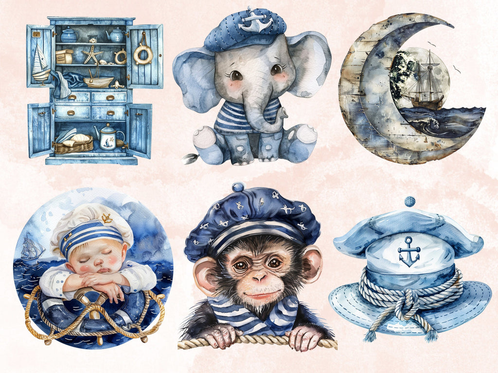 80 PNG Watercolor Nautical Nursery Clipart, Little Sailor Baby Shower Illustration Clip art, Cute Ocean png, Coastal Nautical Sublimation