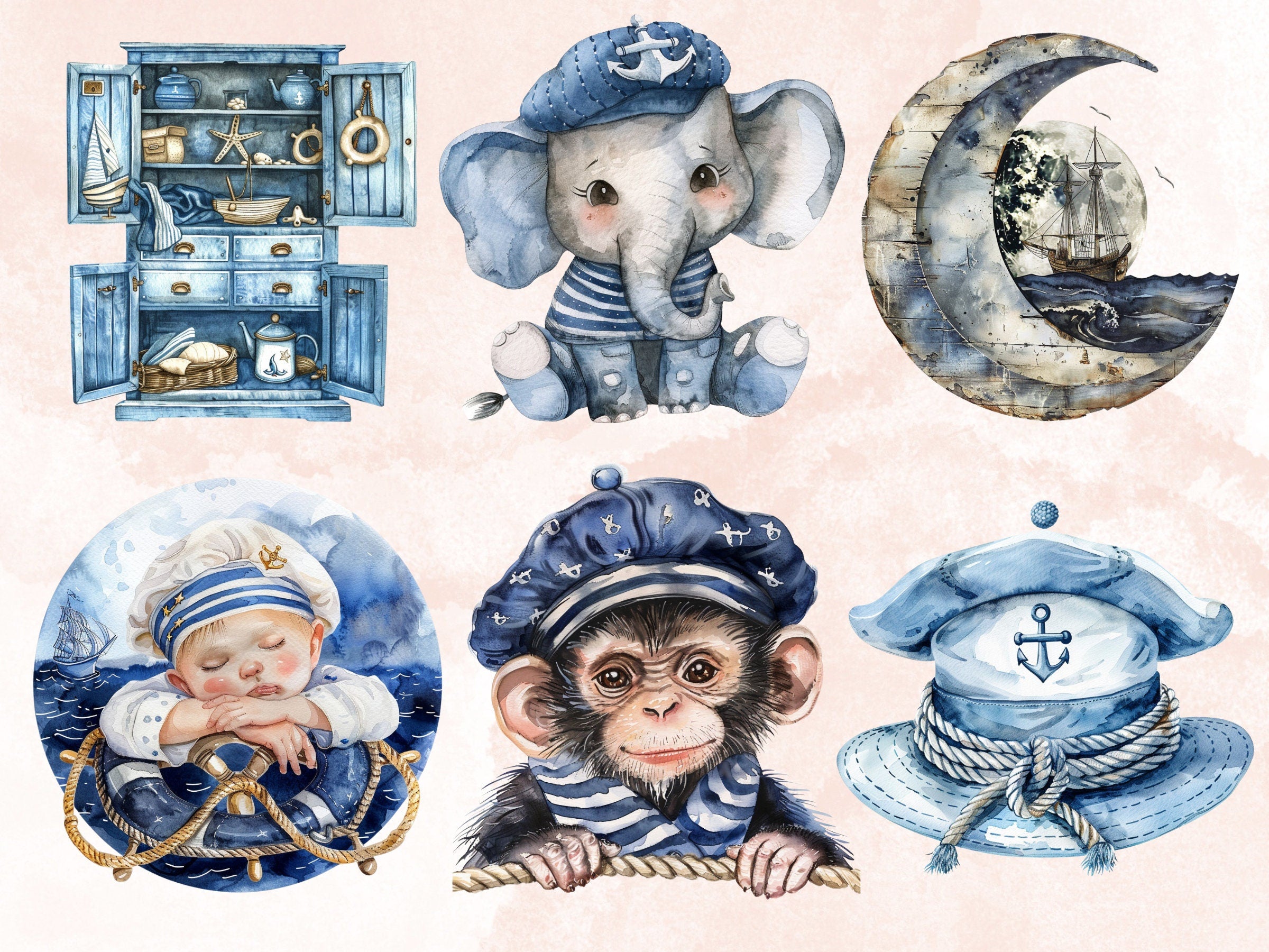 80 PNG Watercolor Nautical Nursery Clipart, Little Sailor Baby Shower Illustration Clip art, Cute Ocean png, Coastal Nautical Sublimation