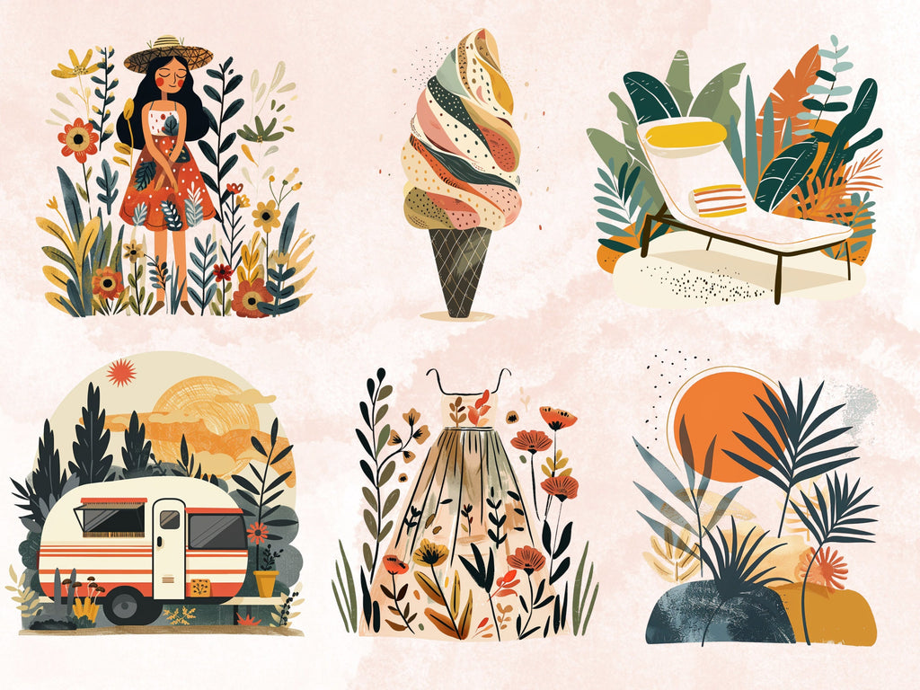 70 PNG Watercolor Summer Folk Art Clipart, Scandinavian Beach Illustrations Clip art, Boho Summer Vibes Png, Nordic Summer Sublimation