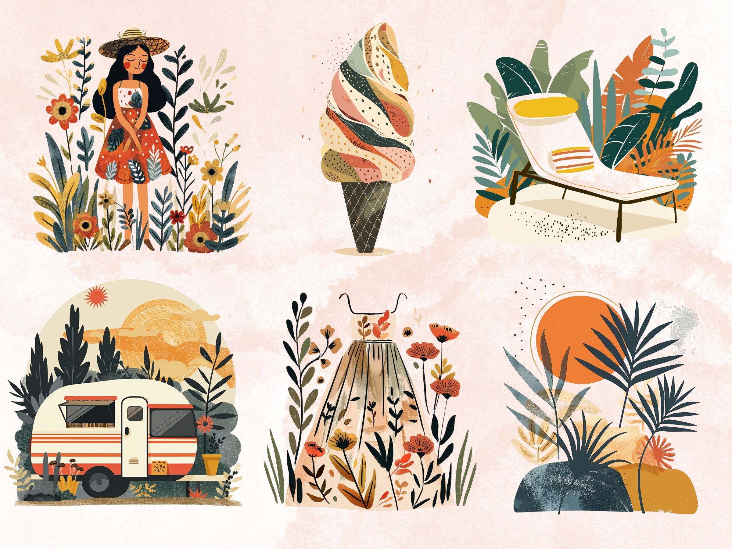 70 PNG Watercolor Summer Folk Art Clipart, Scandinavian Beach Illustrations Clip art, Boho Summer Vibes Png, Nordic Summer Sublimation