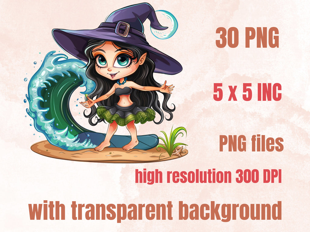 30 PNG Witch on the Beach Sublimation, Little Witch Png, Watercolor Summer Witch Clipart, Summer Shirts Design, Gothic PNG, Commercial Use