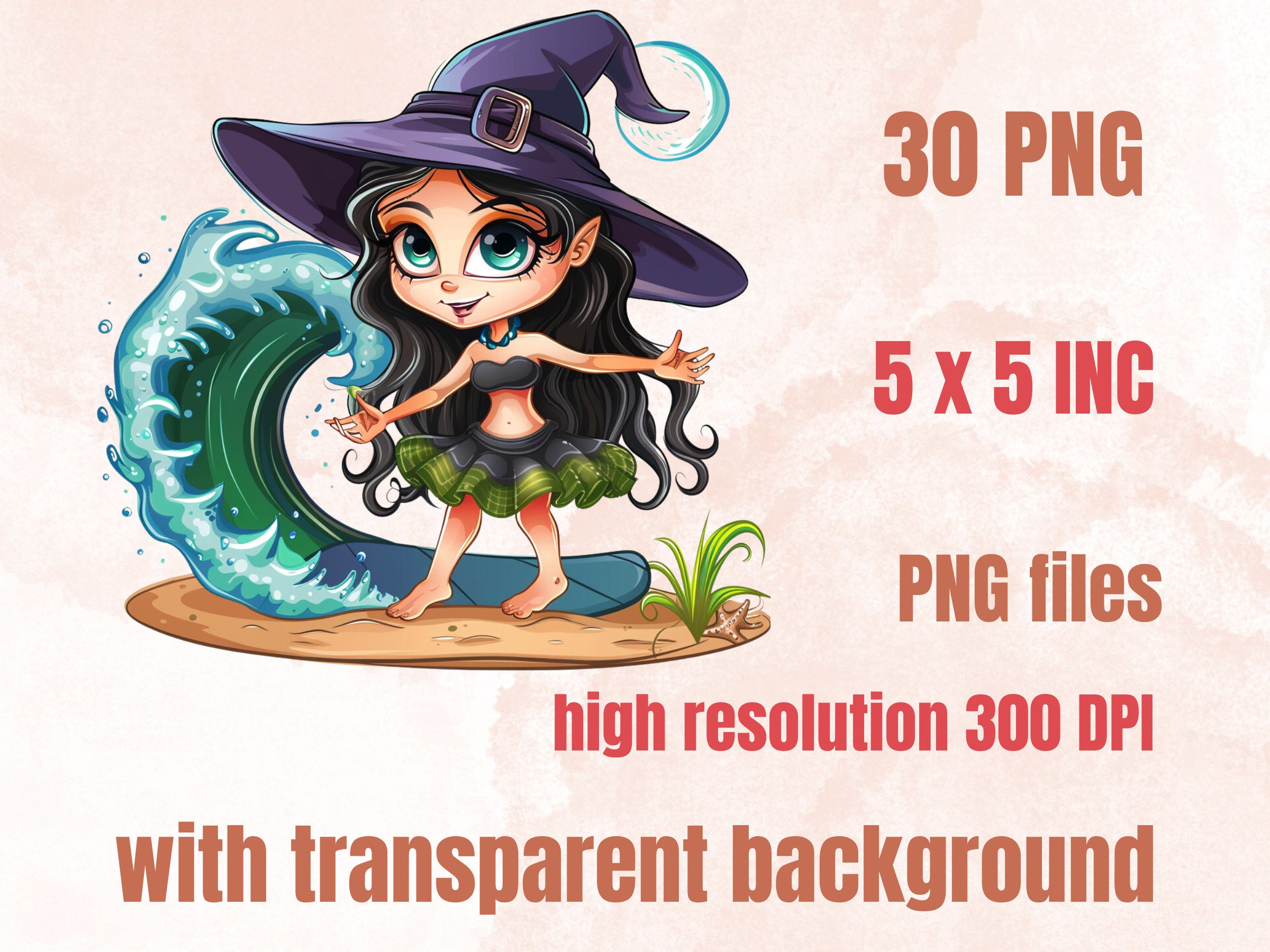30 PNG Witch on the Beach Sublimation, Little Witch Png, Watercolor Summer Witch Clipart, Summer Shirts Design, Gothic PNG, Commercial Use