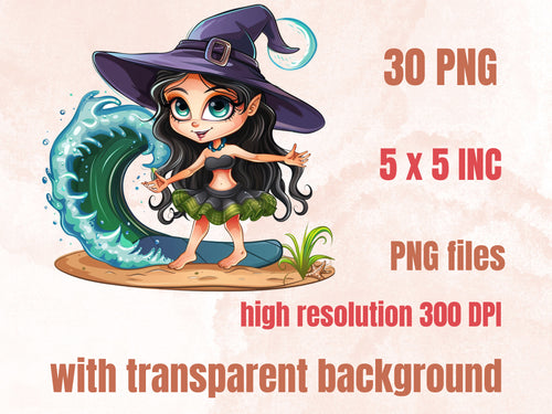 30 PNG Witch on the Beach Sublimation, Little Witch Png, Watercolor Summer Witch Clipart, Summer Shirts Design, Gothic PNG, Commercial Use