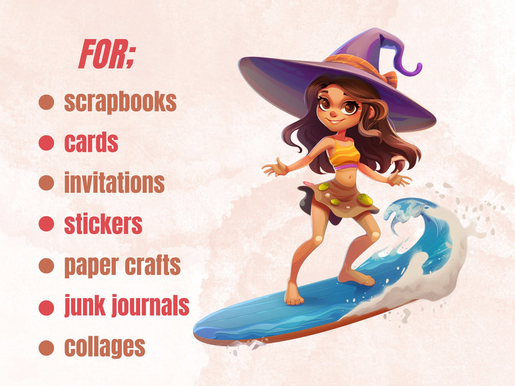 30 PNG Witch on the Beach Sublimation, Little Witch Png, Watercolor Summer Witch Clipart, Summer Shirts Design, Gothic PNG, Commercial Use