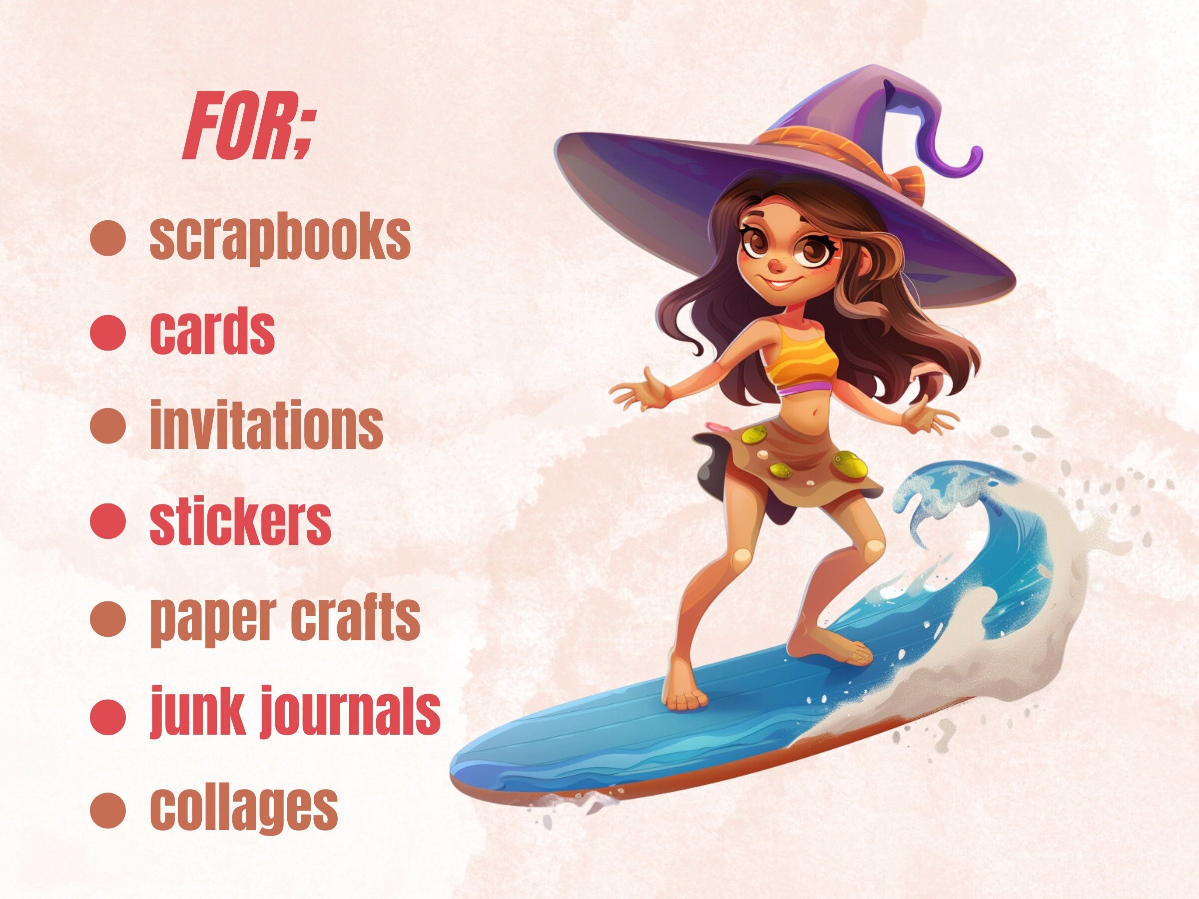 30 PNG Witch on the Beach Sublimation, Little Witch Png, Watercolor Summer Witch Clipart, Summer Shirts Design, Gothic PNG, Commercial Use