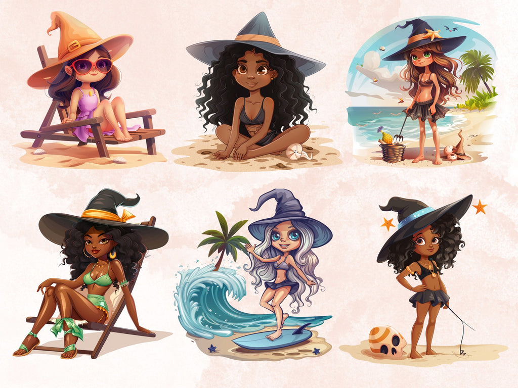 30 PNG Witch on the Beach Sublimation, Little Witch Png, Watercolor Summer Witch Clipart, Summer Shirts Design, Gothic PNG, Commercial Use