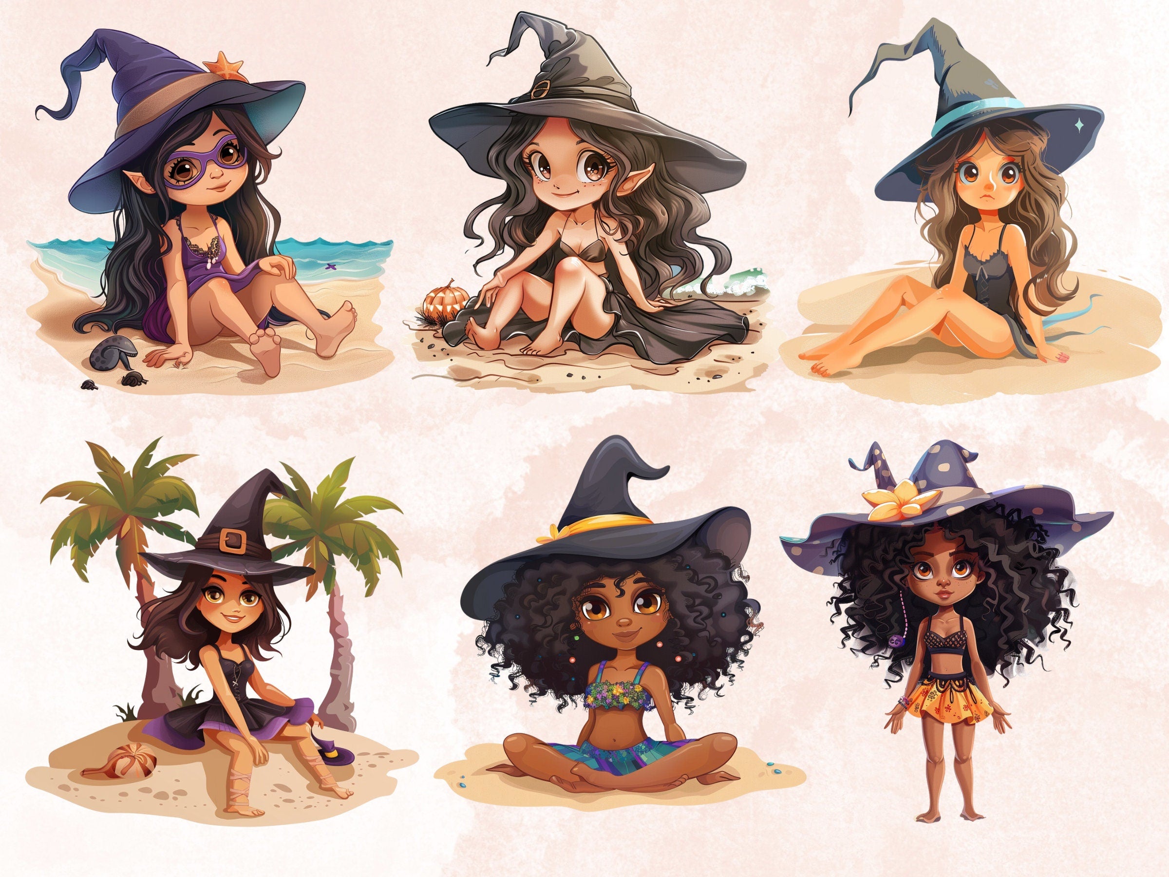 30 PNG Witch on the Beach Sublimation, Little Witch Png, Watercolor Summer Witch Clipart, Summer Shirts Design, Gothic PNG, Commercial Use