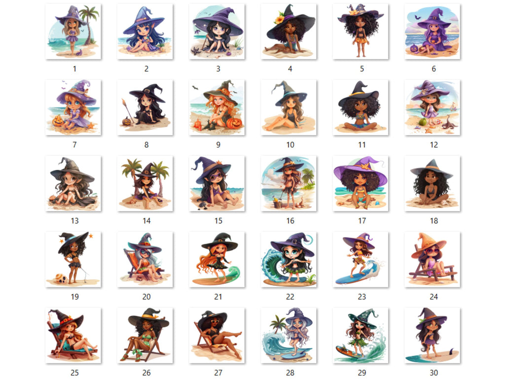 30 PNG Witch on the Beach Sublimation, Little Witch Png, Watercolor Summer Witch Clipart, Summer Shirts Design, Gothic PNG, Commercial Use