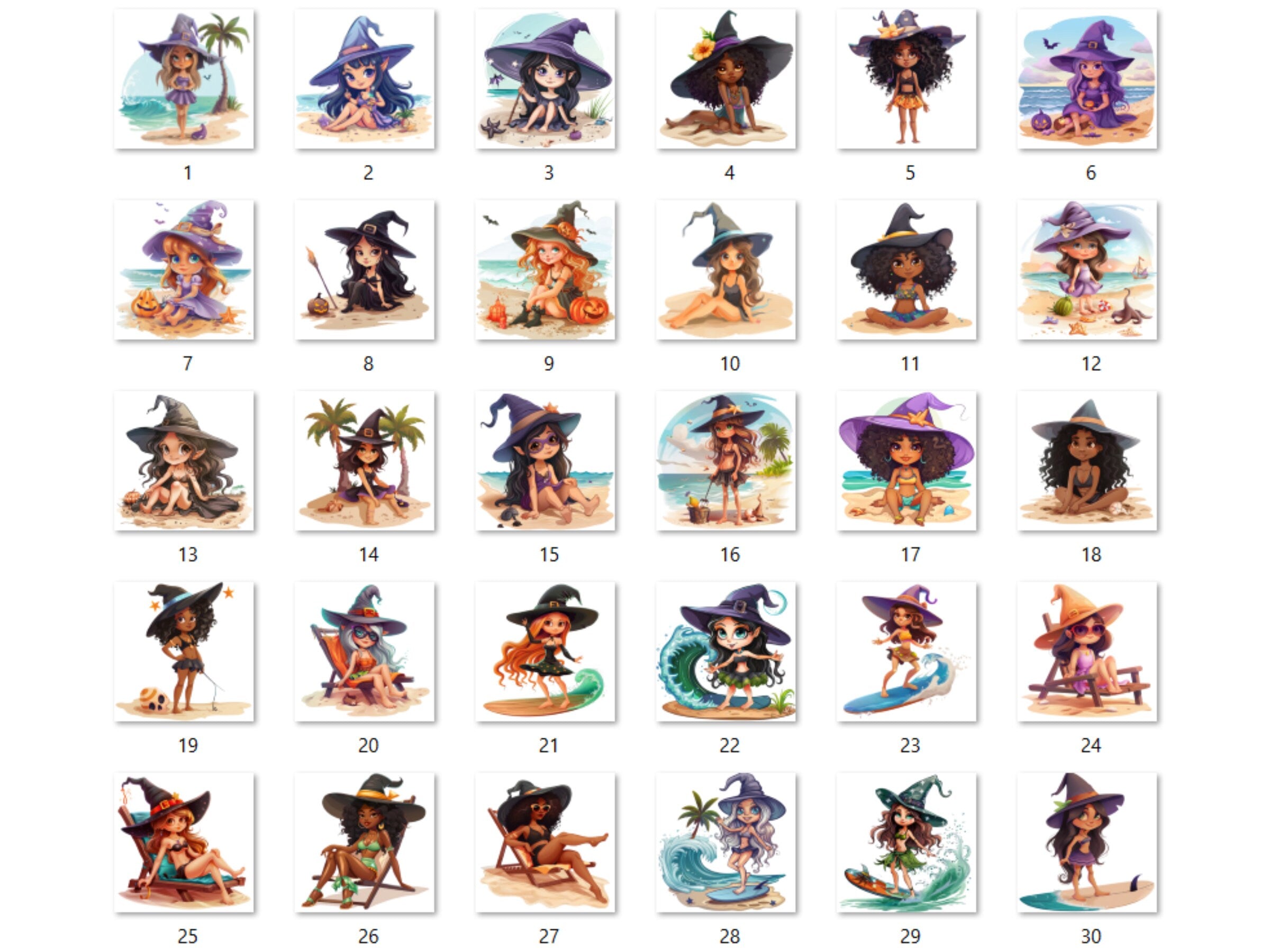 30 PNG Witch on the Beach Sublimation, Little Witch Png, Watercolor Summer Witch Clipart, Summer Shirts Design, Gothic PNG, Commercial Use