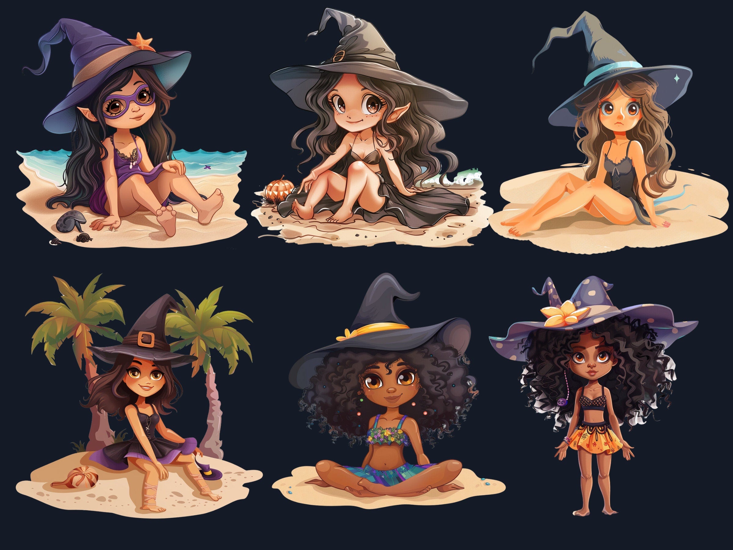 30 PNG Witch on the Beach Sublimation, Little Witch Png, Watercolor Summer Witch Clipart, Summer Shirts Design, Gothic PNG, Commercial Use
