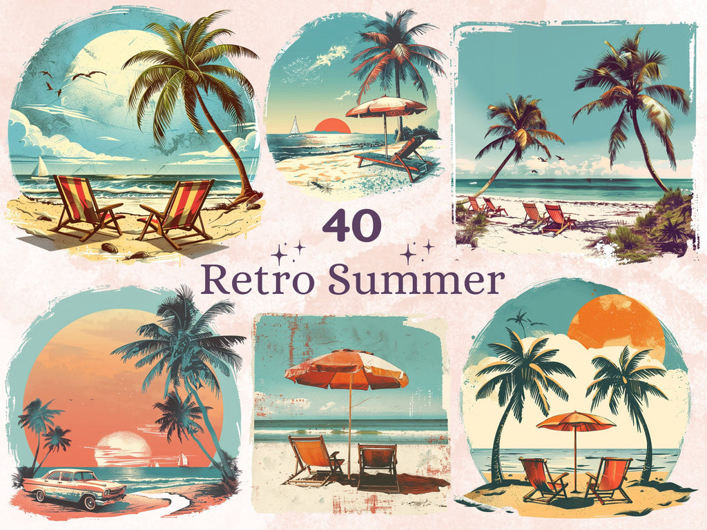 40 PNG Retro Summer Sublimation, Summer Beach Vibes Png, Tropical Beach Sunset Clipart, Trendy Summer Shirts Design, Vintage Summer PNG