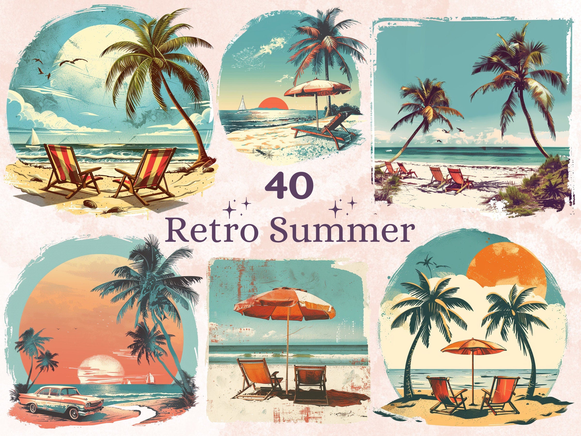 40 PNG Retro Summer Sublimation, Summer Beach Vibes Png, Tropical Beach Sunset Clipart, Trendy Summer Shirts Design, Vintage Summer PNG