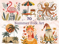 70 PNG Watercolor Summer Folk Art Clipart, Scandinavian Beach Illustrations Clip art, Boho Summer Vibes Png, Nordic Summer Sublimation
