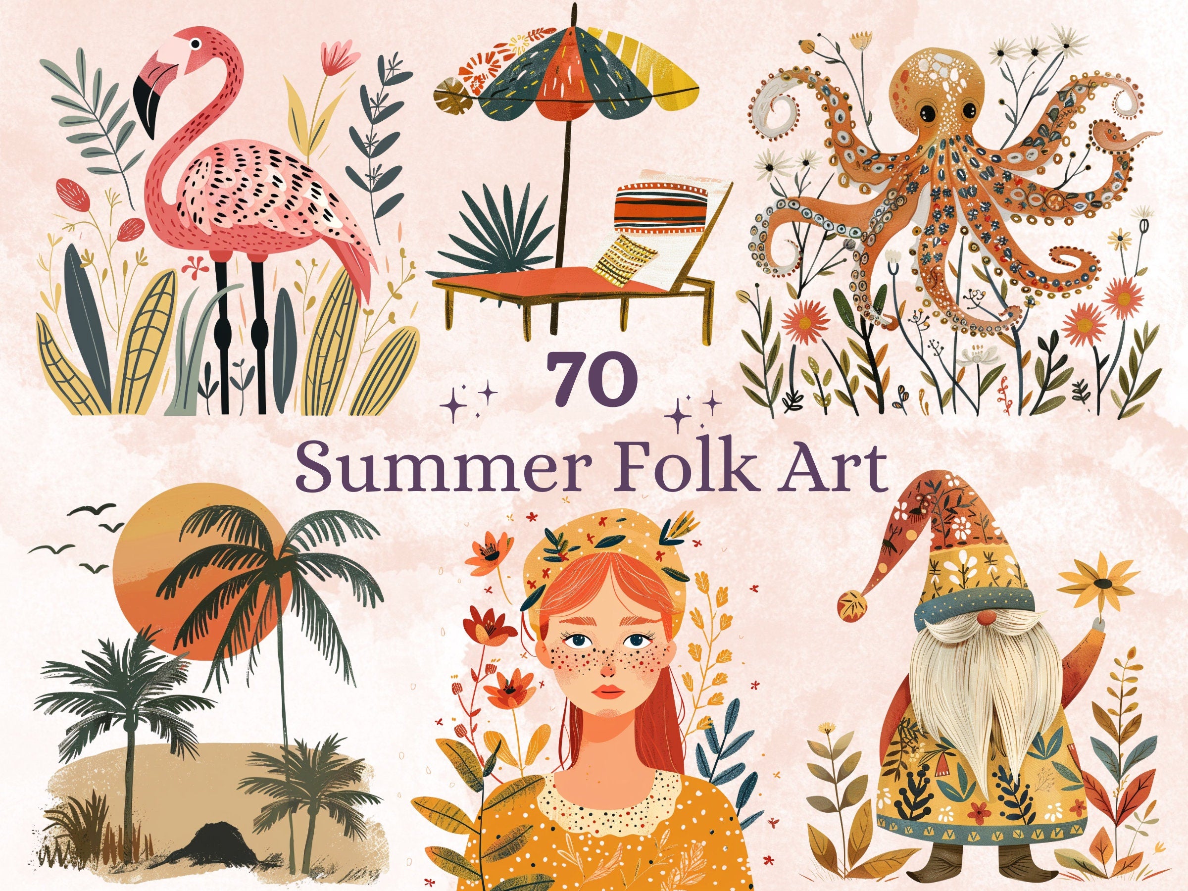 70 PNG Watercolor Summer Folk Art Clipart, Scandinavian Beach Illustrations Clip art, Boho Summer Vibes Png, Nordic Summer Sublimation