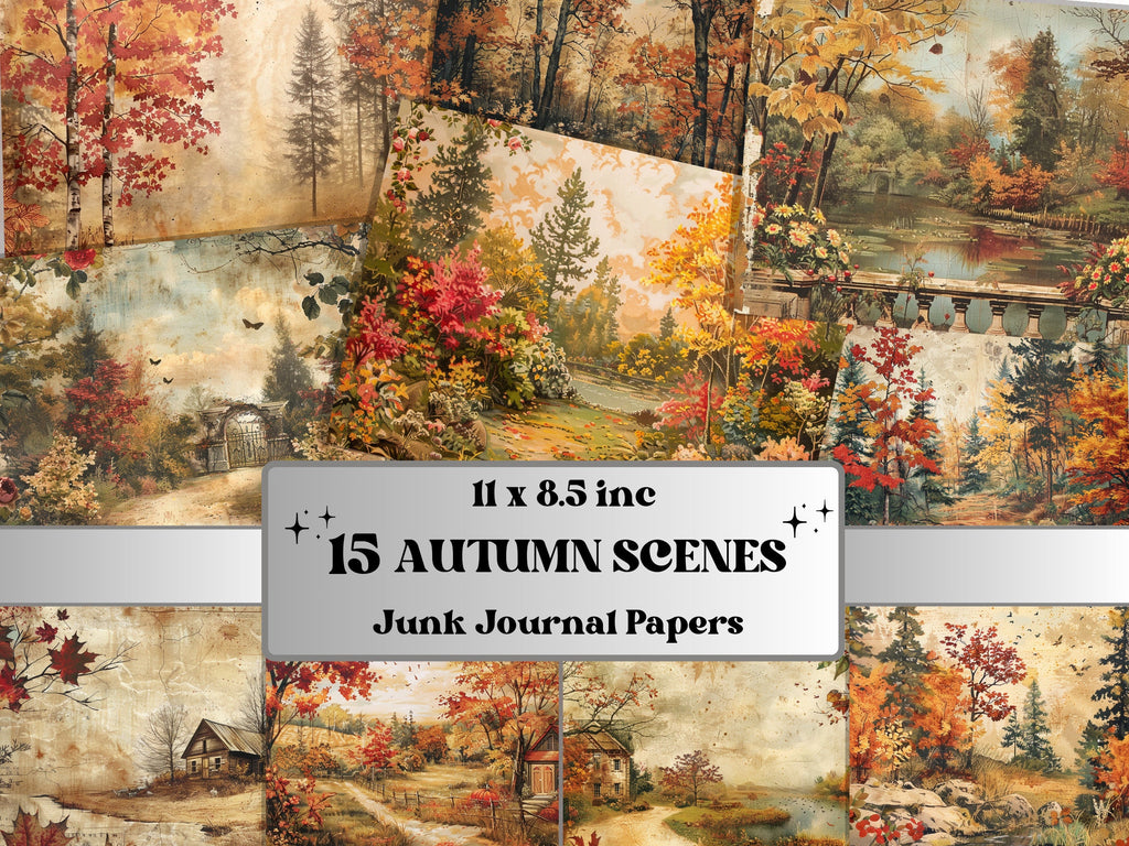Autumn Scenes Junk Journal Paper, Fall Forest Pages Ephemera Kit, Autumn Collage Scrapbook Paper, Printable Garden Horizontal Digital Pages