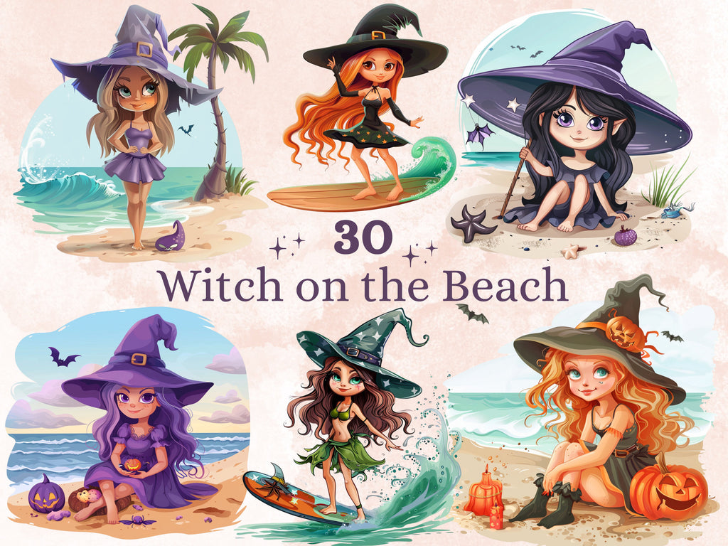 30 PNG Witch on the Beach Sublimation, Little Witch Png, Watercolor Summer Witch Clipart, Summer Shirts Design, Gothic PNG, Commercial Use